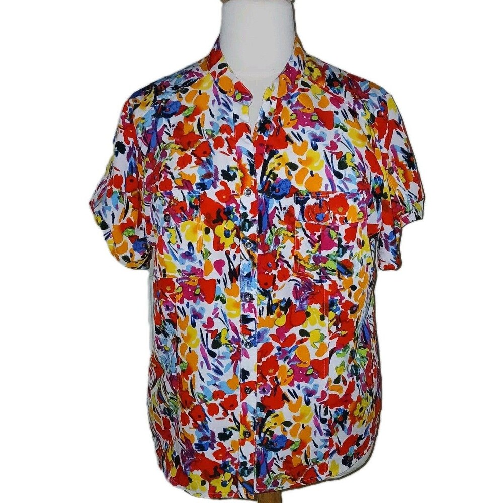 NWT LAURA SCOTT Women 20/22W Floral Tropical Short Sleeve Button Top Multicolor